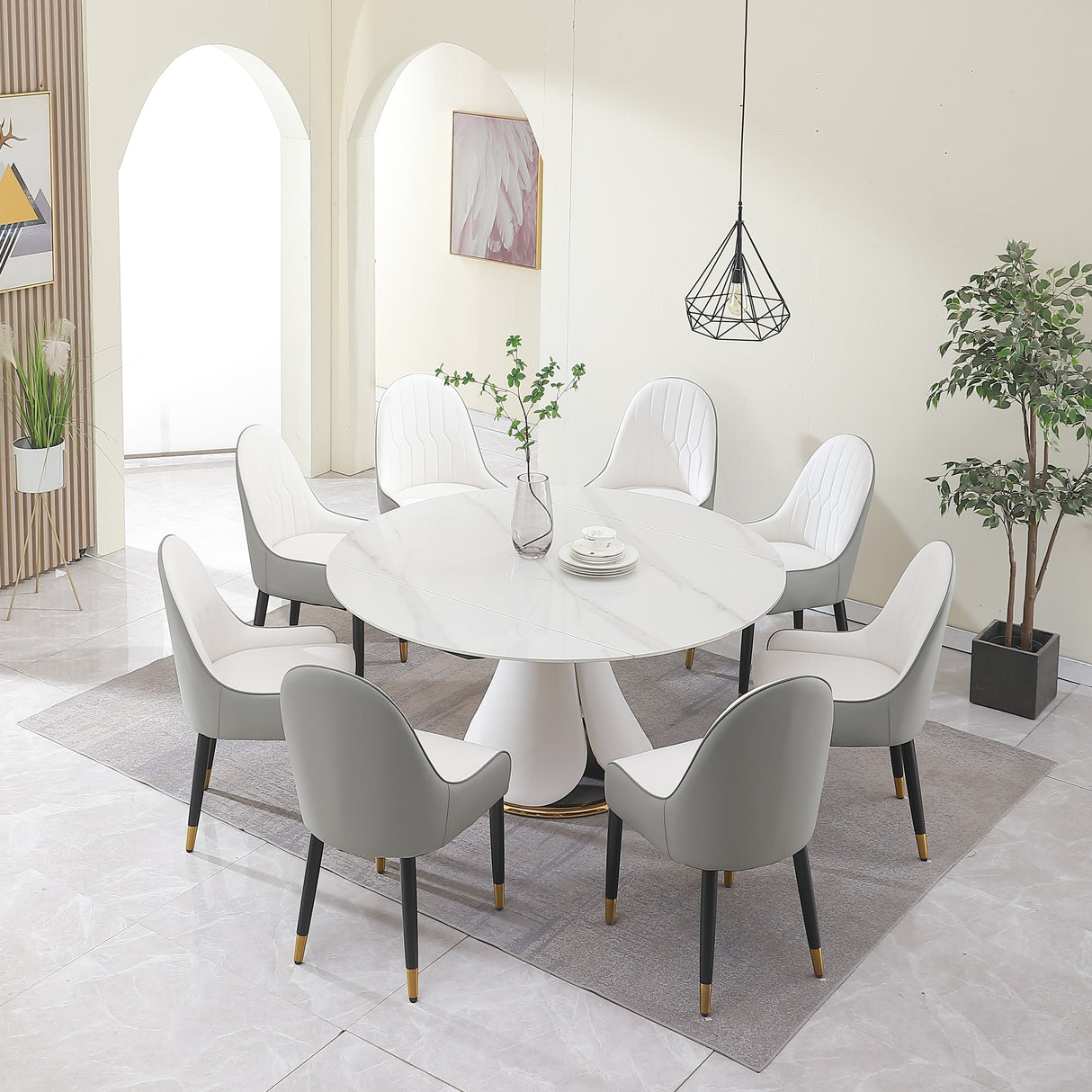 Fashion modern sinntered stone dining table with simple and multi-functional retractable dining table with 8 pcs Chairs - sold by Home Elegance USA