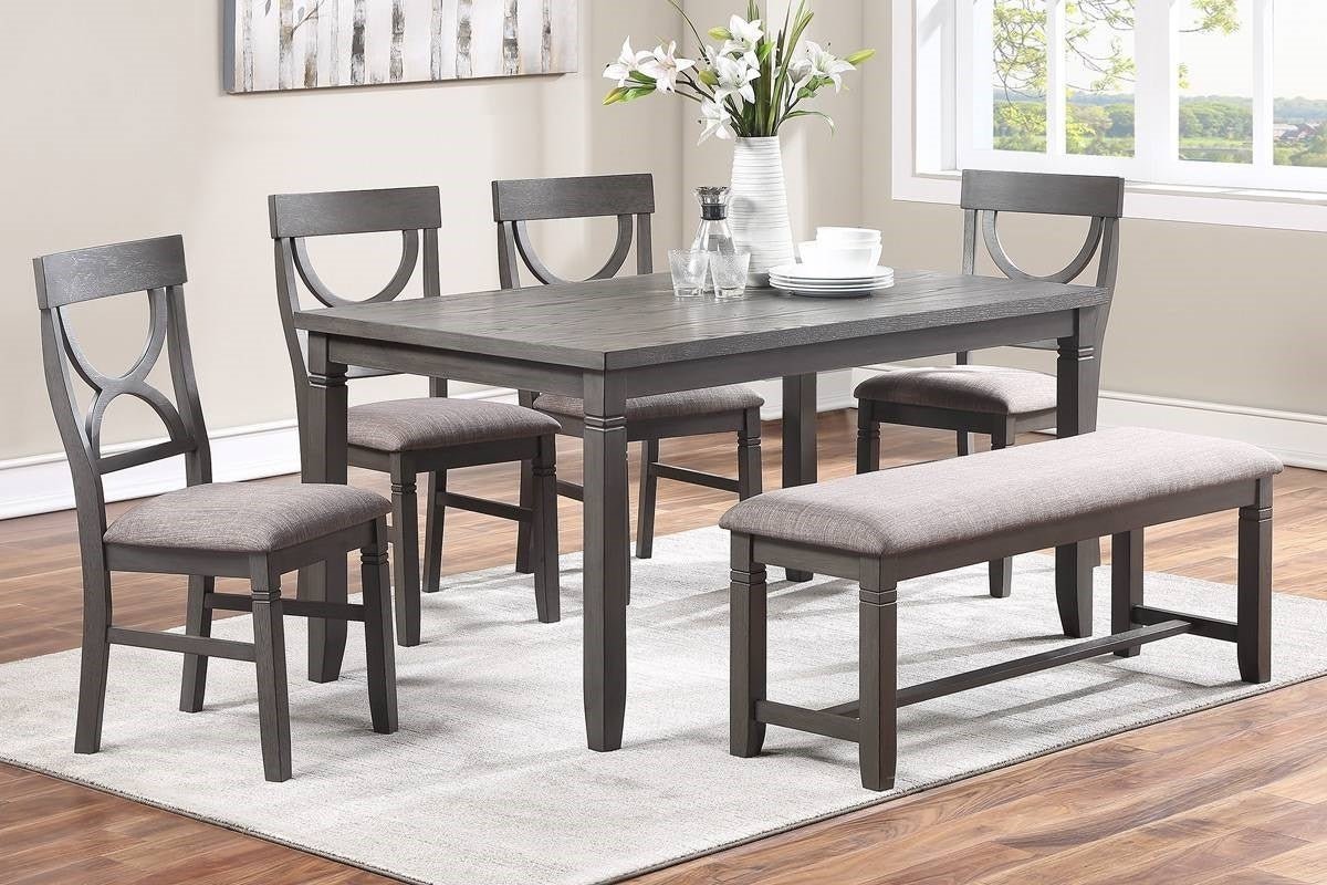 Dining Room Furniture 6pc Set Rectangle Table 4x Side Chairs and A Bench Grey Finish MDF Rubberwood | Home Elegance USA