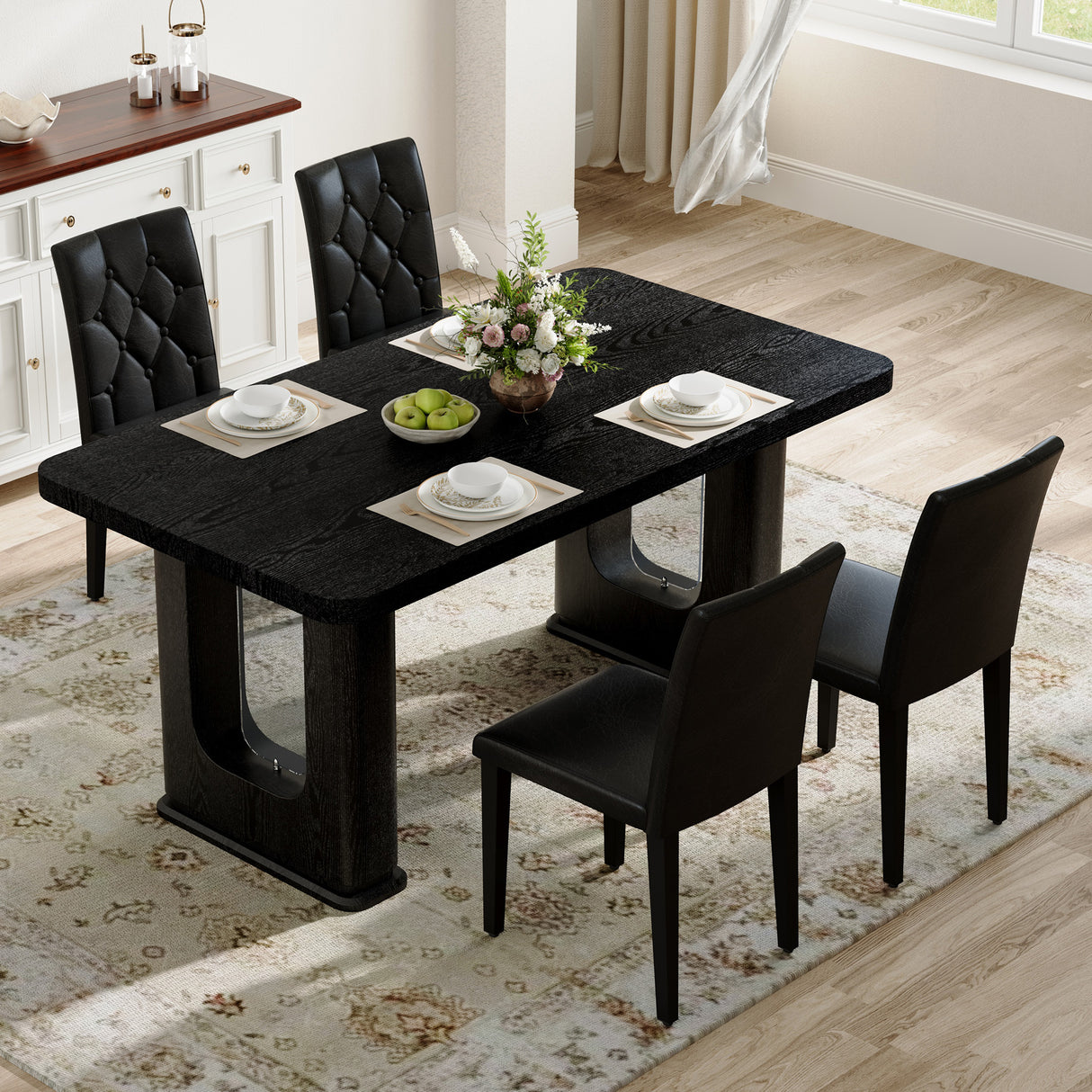 Table and chair set.64.5 x 35.4 Inch Stylish Black Wood Color Textured Dining Table.4-pack black PU dining chairs: ergonomic buckle backrest.Exudes A Strong Sense Of Fashion.