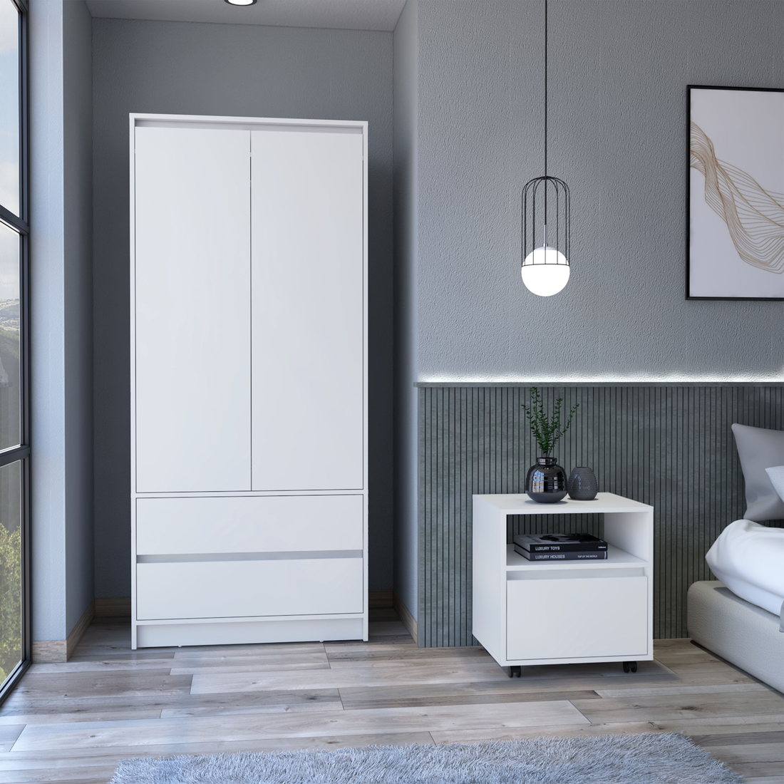 Laurel 2 Piece Bedroom Set, Nightstand + Armoire, White - sold by Home Elegance USA