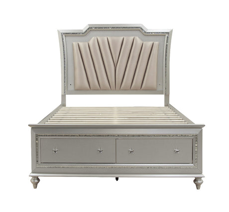 Acme - Kaitlyn EK Bed W/Led & Storage 27227EK Synthetic Leather & Champagne Finish