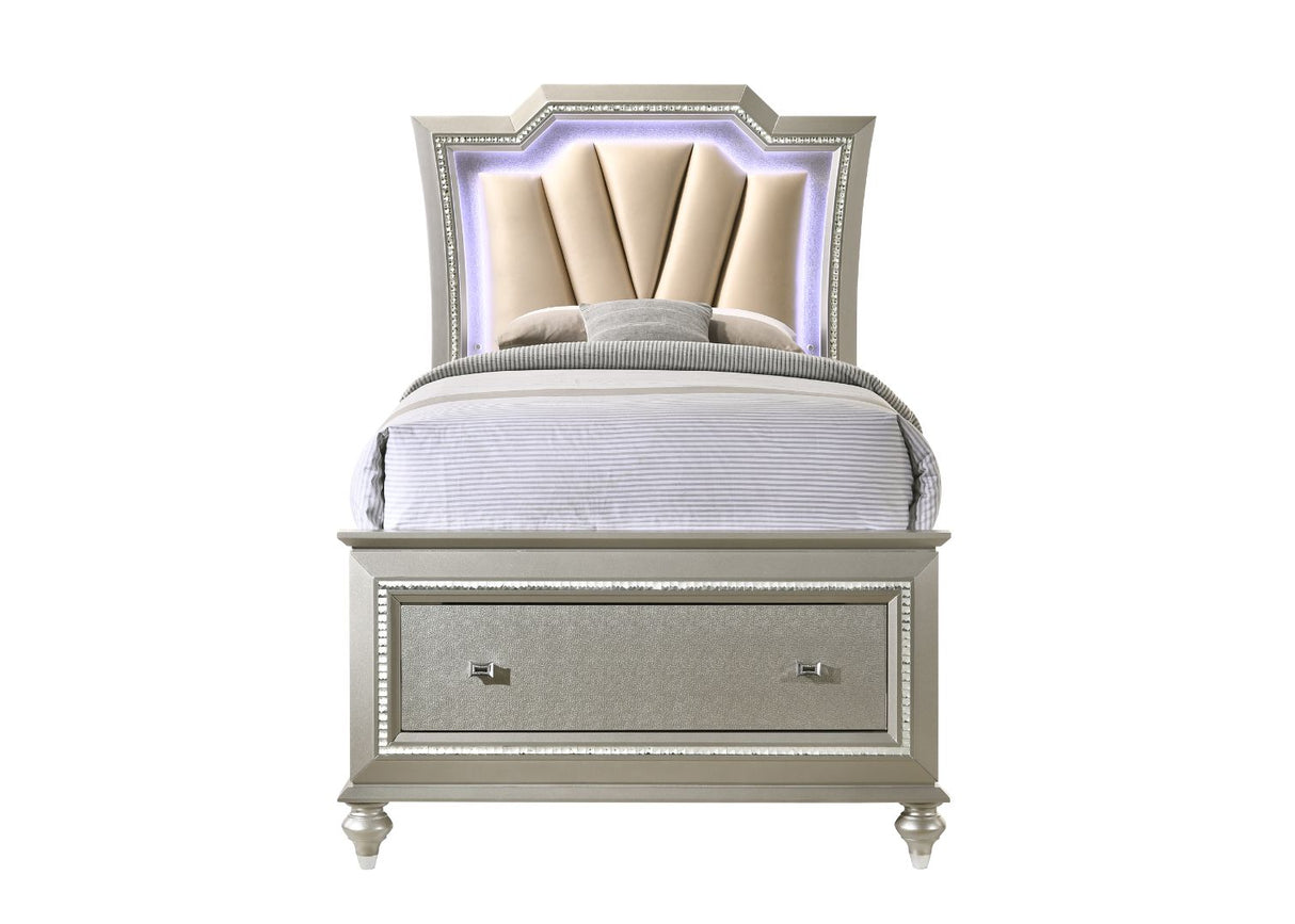 Acme - Kaitlyn Twin Bed W/Led & Storage 27240T Synthetic Leather & Champagne Finish