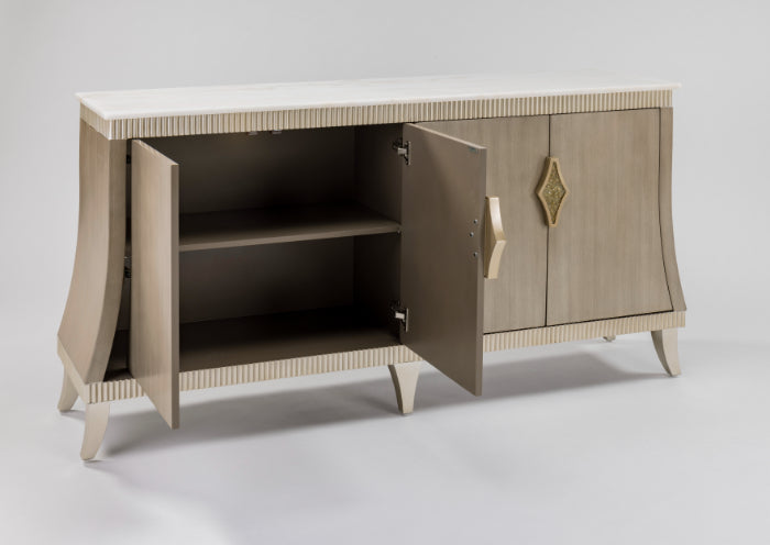 2939-S Cabinet with open doors revealing storage space – walnut veneer and gold accents - Left Side
