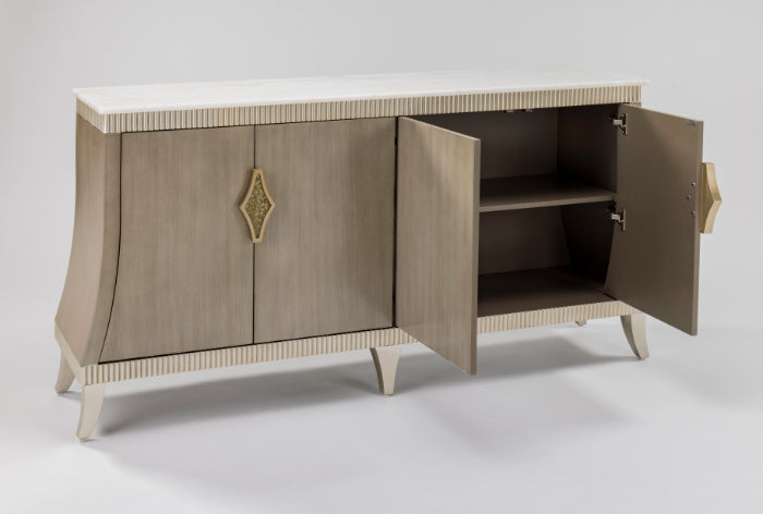 2939-S Cabinet with open doors revealing storage space – walnut veneer and gold accents - Right Side