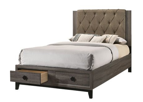 Avantika EK Bed W/Storage 27667EK Fabric & Rustic Gray Oak Finish | Acme | Home Elegance USA