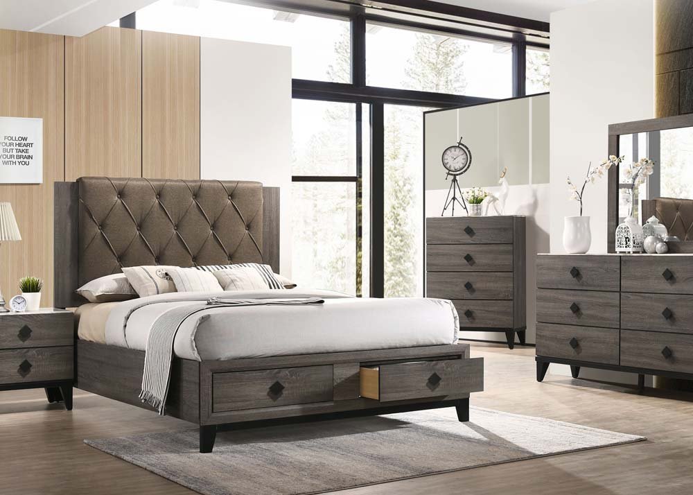 Avantika EK Bed W/Storage 27667EK Fabric & Rustic Gray Oak Finish | Acme | Home Elegance USA