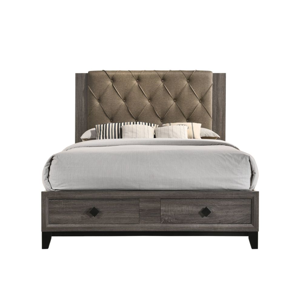 Avantika Queen Bed W/Storage 27670Q Fabric & Rustic Gray Oak Finish | Acme | Home Elegance USA