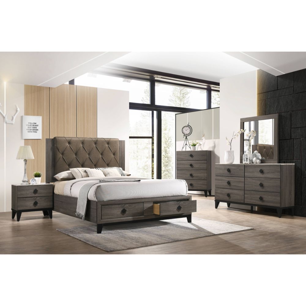 Avantika Queen Bed W/Storage 27670Q Fabric & Rustic Gray Oak Finish | Acme | Home Elegance USA