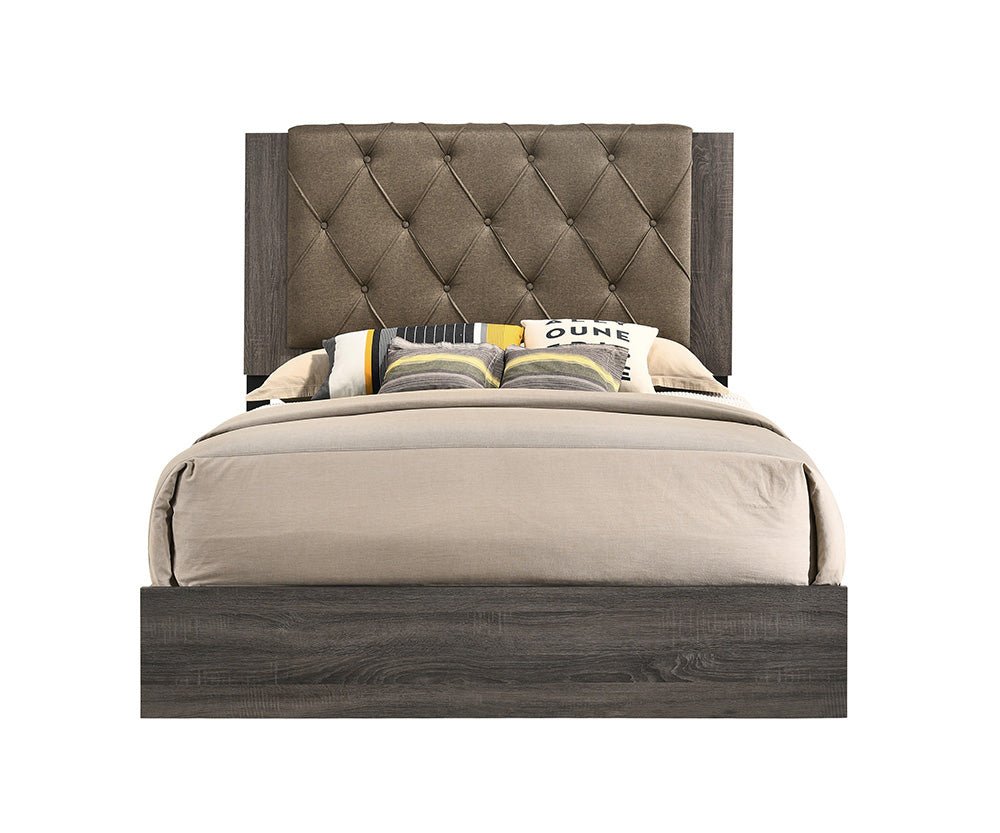Avantika EK Bed 27677EK Fabric & Rustic Gray Oak Finish | Acme | Home Elegance USA