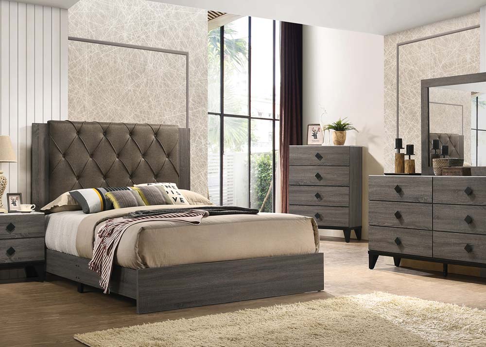 Avantika EK Bed 27677EK Fabric & Rustic Gray Oak Finish | Acme | Home Elegance USA