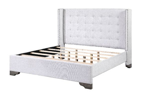 Artesia EK Bed 27697EK Tan Fabric & Salvaged Natural Finish | Acme | Home Elegance USA