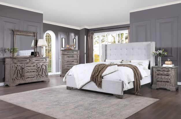 Artesia EK Bed 27697EK Tan Fabric & Salvaged Natural Finish | Acme | Home Elegance USA