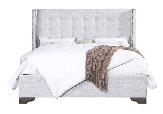 Artesia EK Bed 27697EK Tan Fabric & Salvaged Natural Finish | Acme | Home Elegance USA