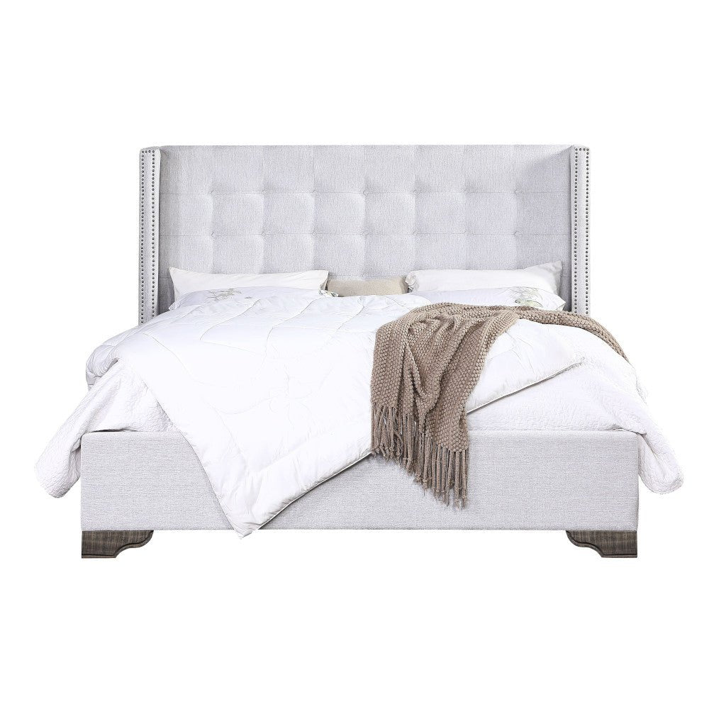 Artesia Queen Bed 27700Q Tan Fabric & Salvaged Natural Finish | Acme | Home Elegance USA