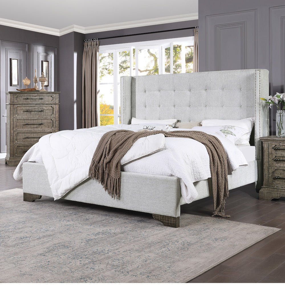 Artesia Queen Bed 27700Q Tan Fabric & Salvaged Natural Finish | Acme | Home Elegance USA