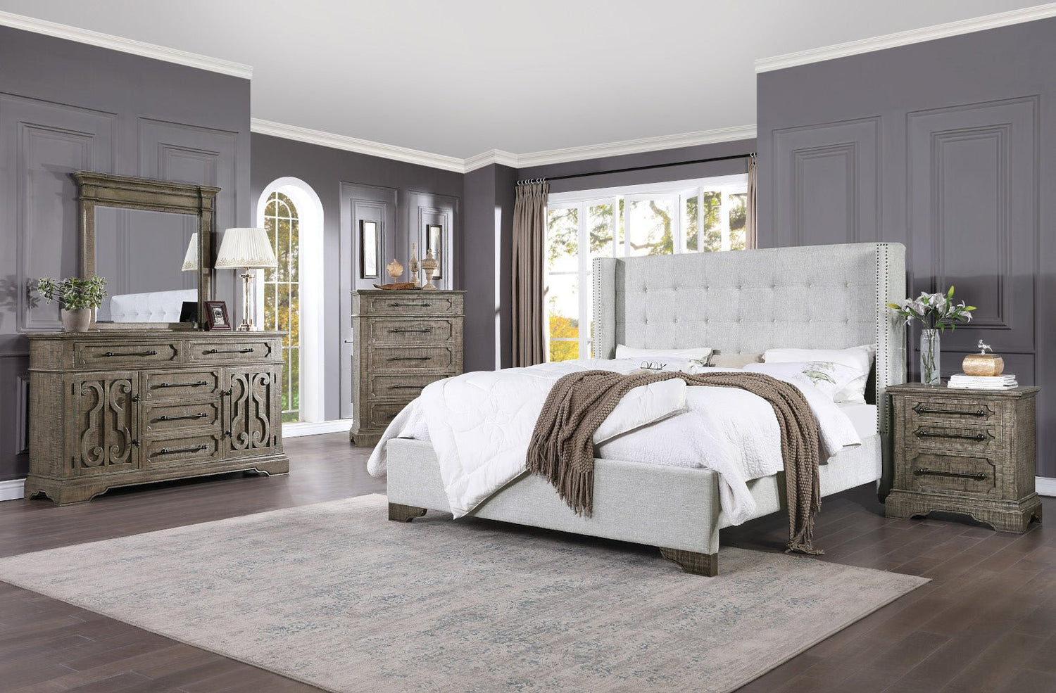 Artesia Queen Bed 27700Q Tan Fabric & Salvaged Natural Finish | Acme | Home Elegance USA