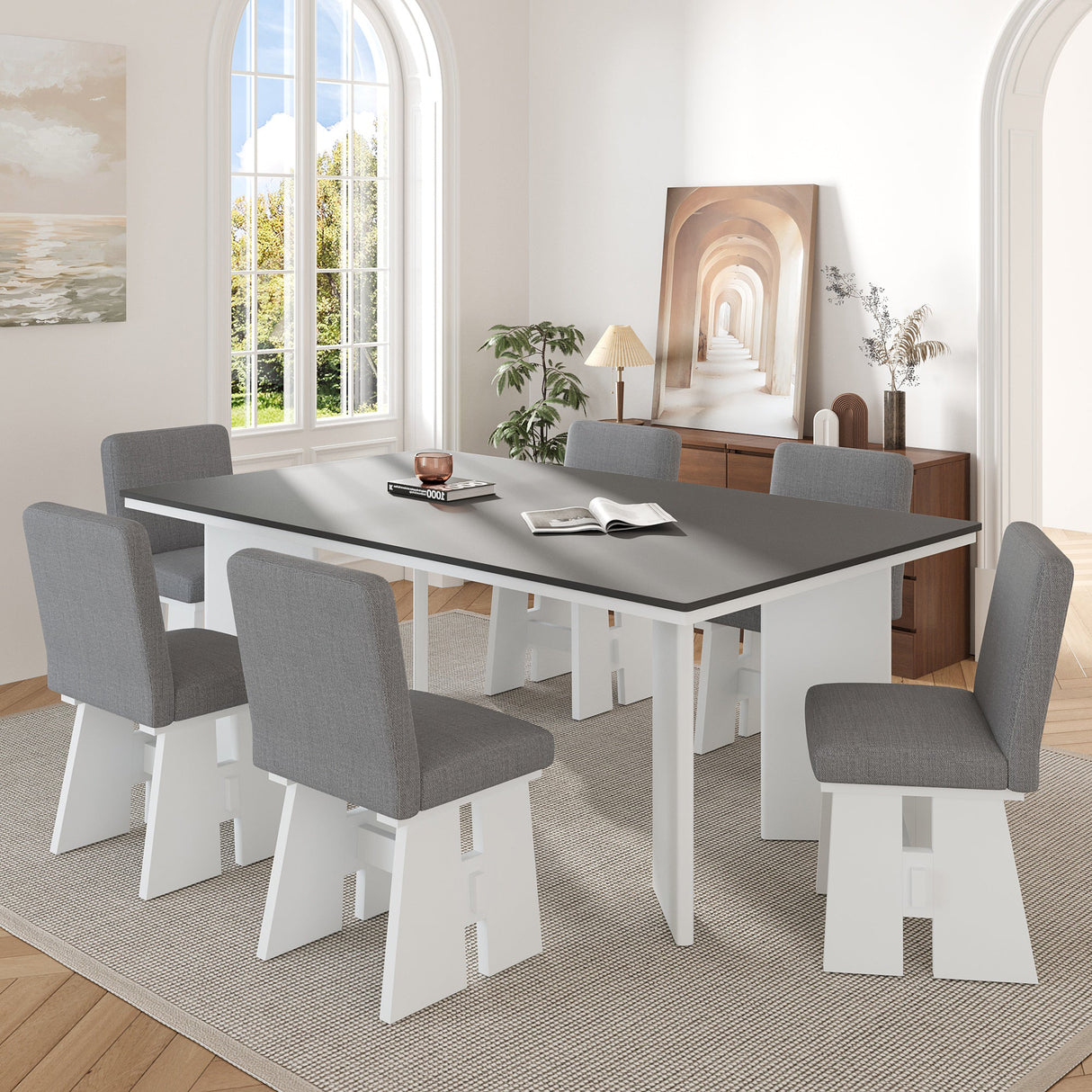 TOPMAX Modern 7-Piece Dining Table Set with 6 Upholstered Dining Chairs, Dark Gray+White - sold by Home Elegance USA