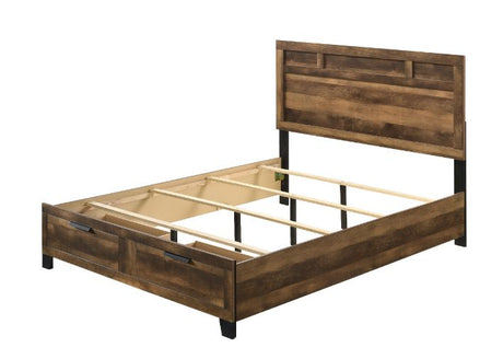 Acme - Morales EK Bed W/Storage 28587EK Rustic Oak Finish