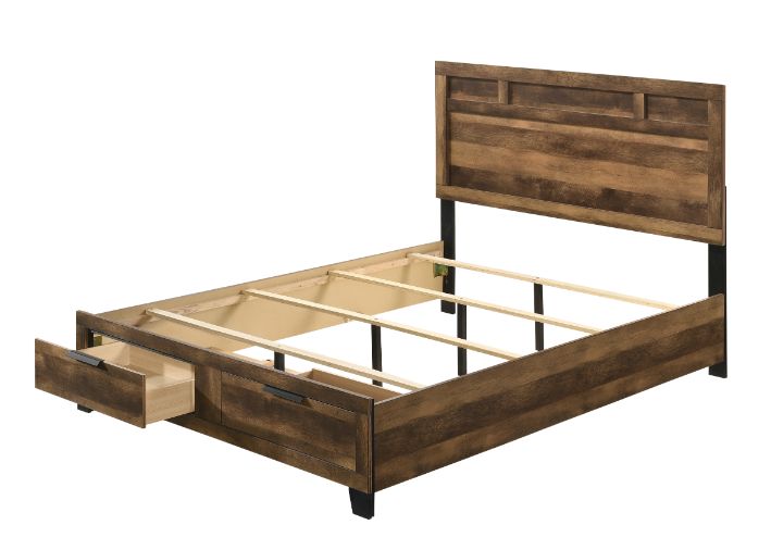 Acme - Morales EK Bed W/Storage 28587EK Rustic Oak Finish