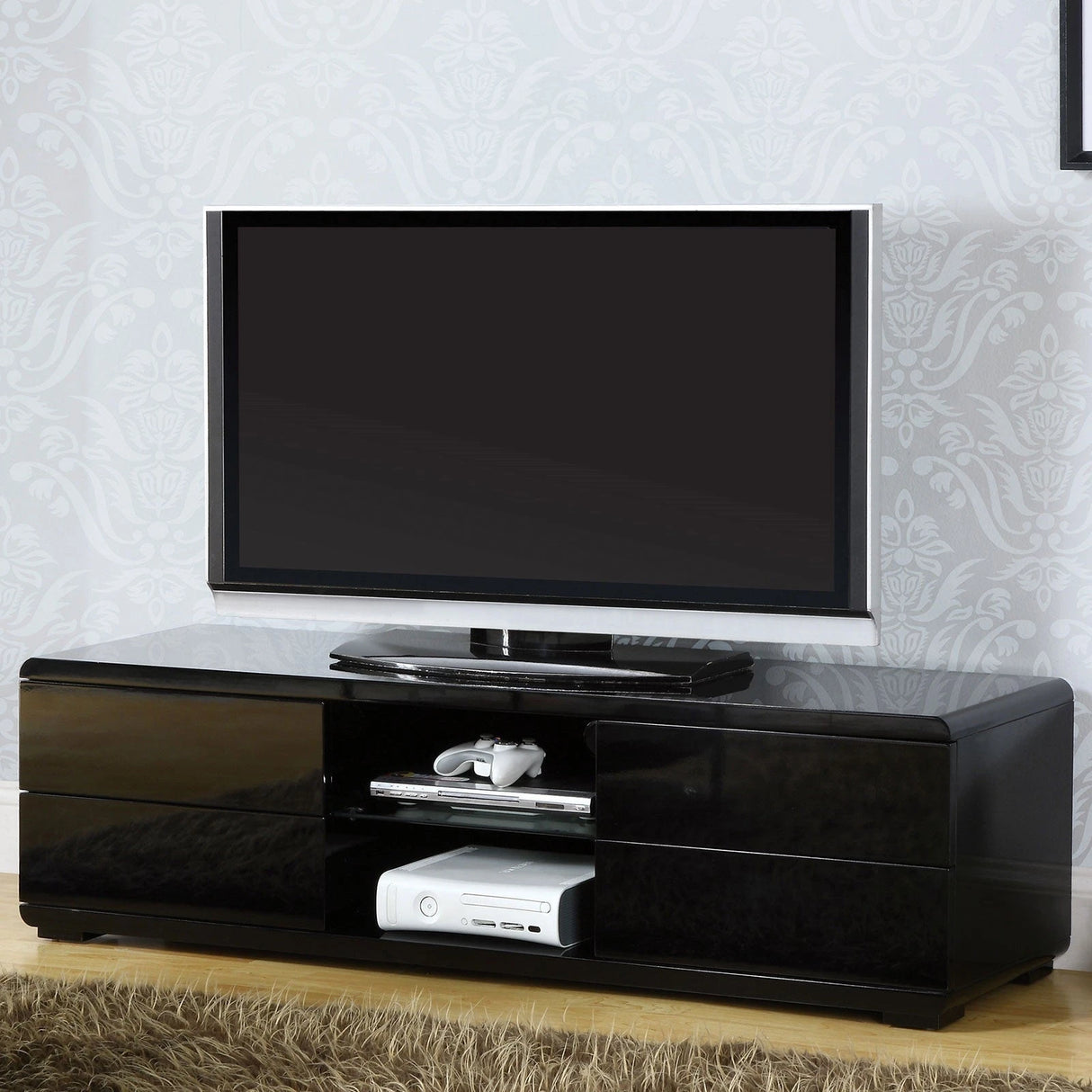 Black Finish Contemporary Style Lacquer Coating TV Console With Full Extension Ball Bearing Glides Drawers Rear Wearing Access And Open Storage Space - sold by Home Elegance USA