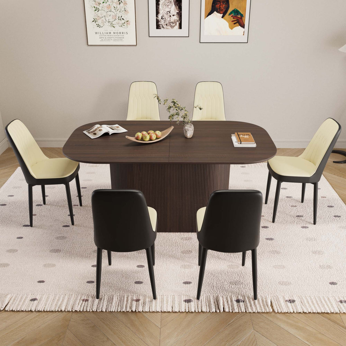 63 'medieval modern brown style MDF dining table and PU dining chair set 6. Assemble Desktop and black metal leg dining chair set, suitable for home&kitchen