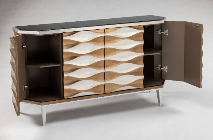 Artmax 2934-S Cabinet | 66-Inch 3D Wave Design Marble Top Storage Cabinet with Optional Mirror