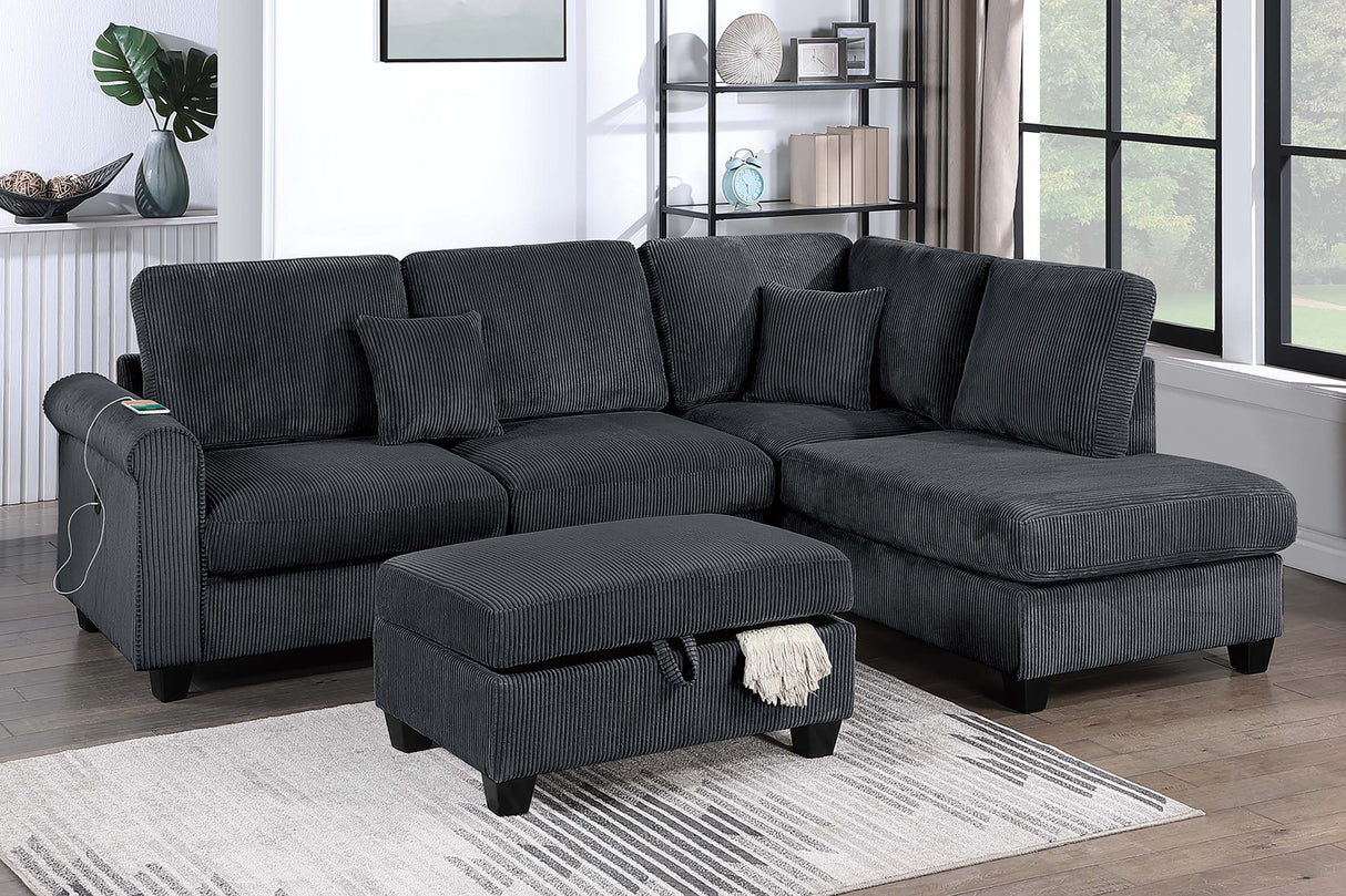 Contemporary Style 3pc Sectional Set Right Arm Chaise Left Arm Sofa w/ USB Port Storage Ottoman Throw Pillow Wooden Legs Black Finish Primary Living Room