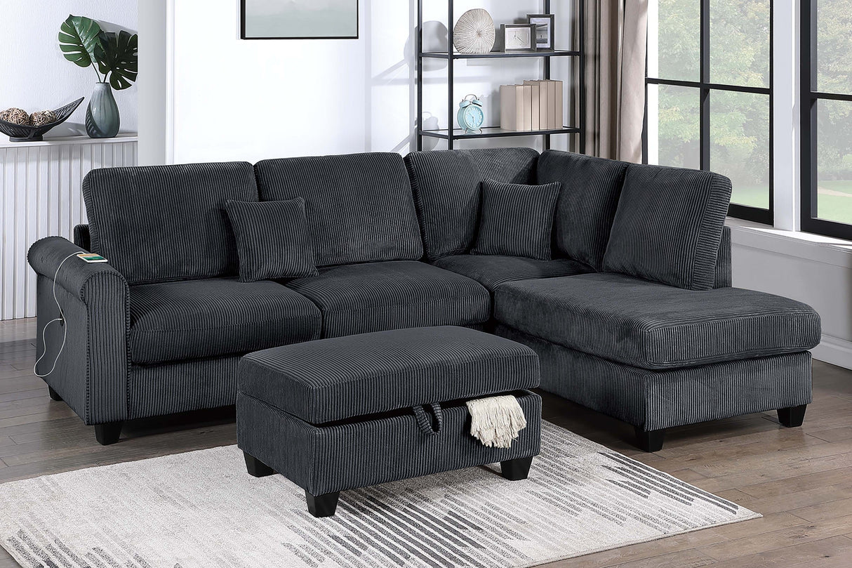 Contemporary Style 3pc Sectional Set Right Arm Chaise Left Arm Sofa w/ USB Port Storage Ottoman Throw Pillow Wooden Legs Black Finish Primary Living Room - sold by Home Elegance USA