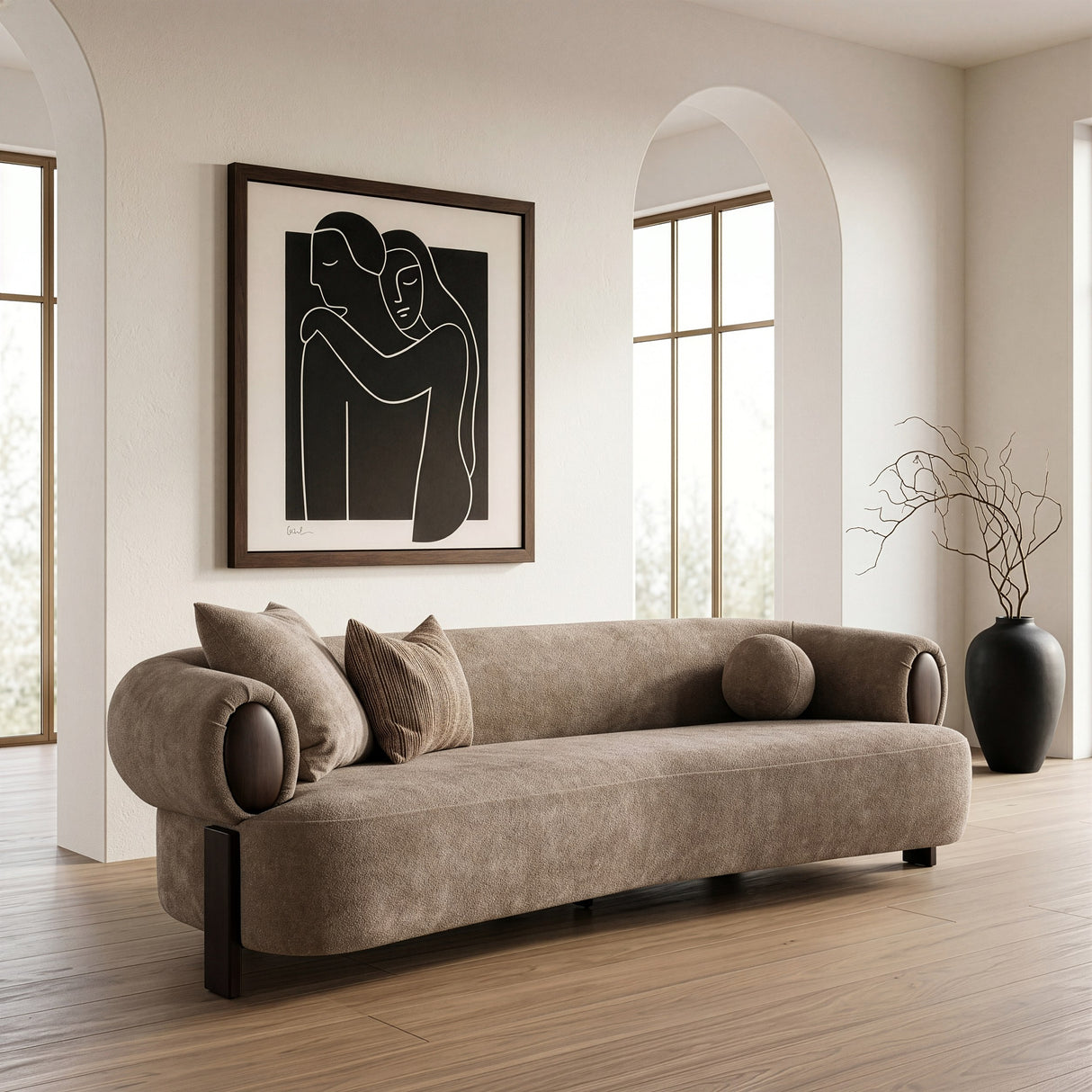 Arnaud - Modern Tan Fabric + Brown Oak Sofa - View Image 1