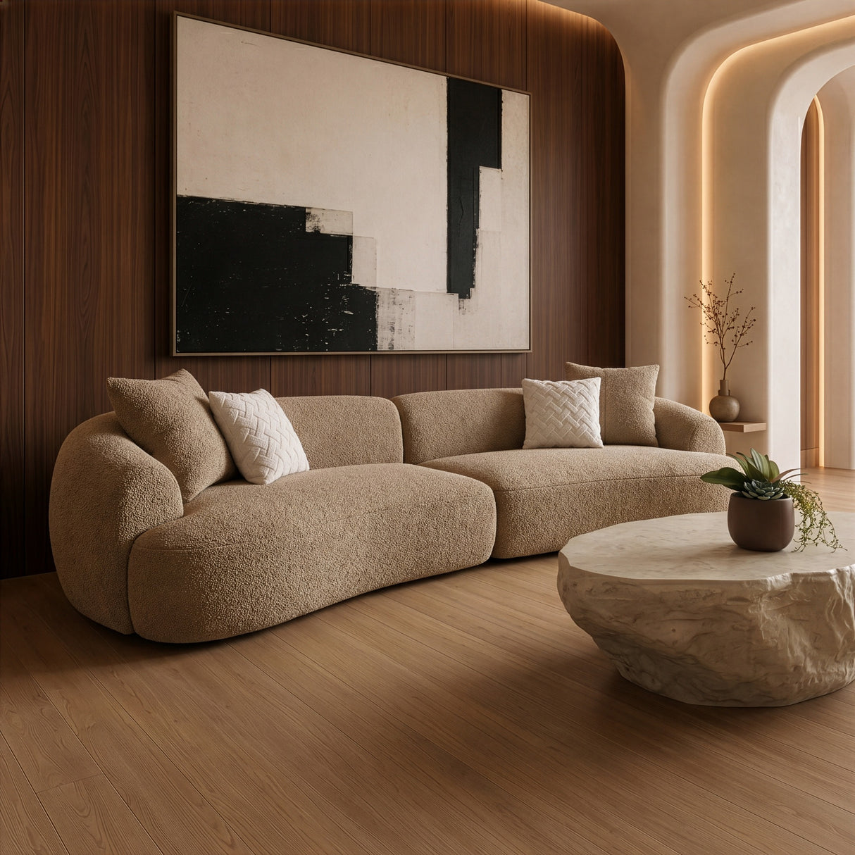 Trevor - Modern Tan Fabric Curved Mini Sectional Sofa - View Image 1