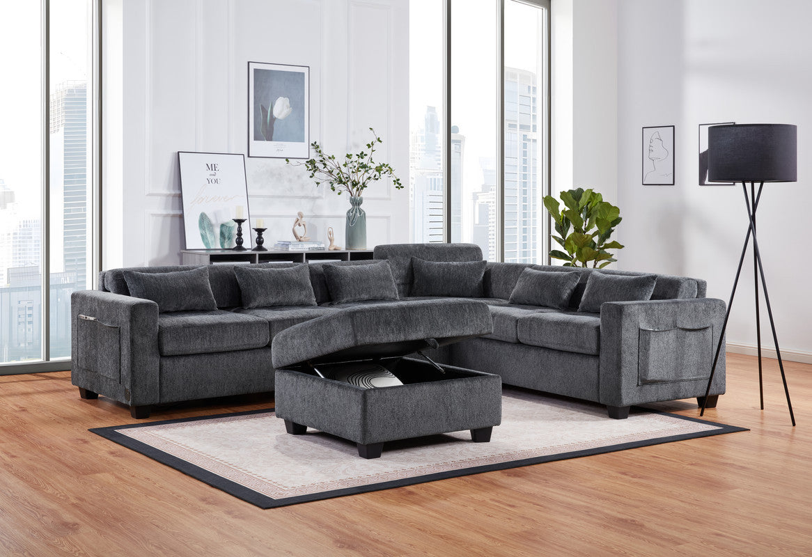 Trevi 115'W Gray Chenille Sectional Sofa with Adjustable Backrest, Charging Ports, Pockets, Tufting, Storage Ottoman, Throw Pillows