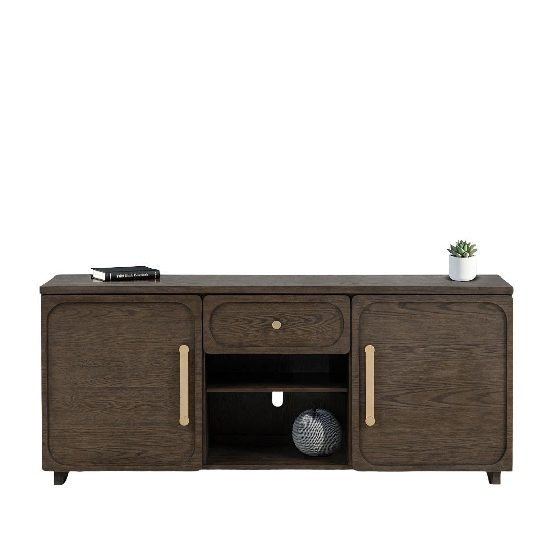 Transitional Style 1pc TV Console Gold Handles And Knob Recessed Panels Dark Walnut Finish - sold by Home Elegance USA