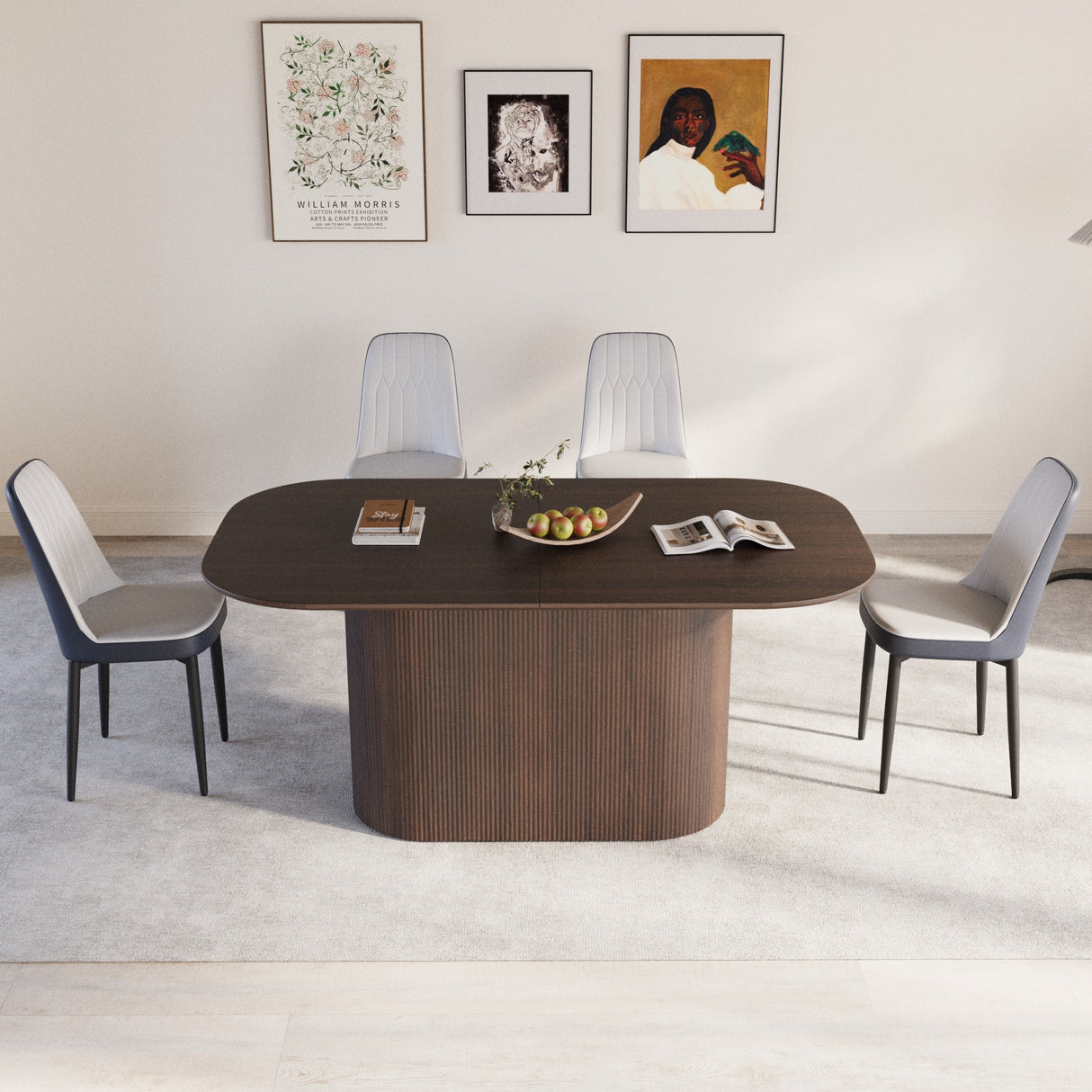 Mesa de comedor de MDF de estilo medieval moderno marrón de 63 'y juego de sillas de comedor de PU 4. Conjunto de escritorio ensamblado y silla de comedor con patas de metal negro, adecuado para el hogar y la cocina.