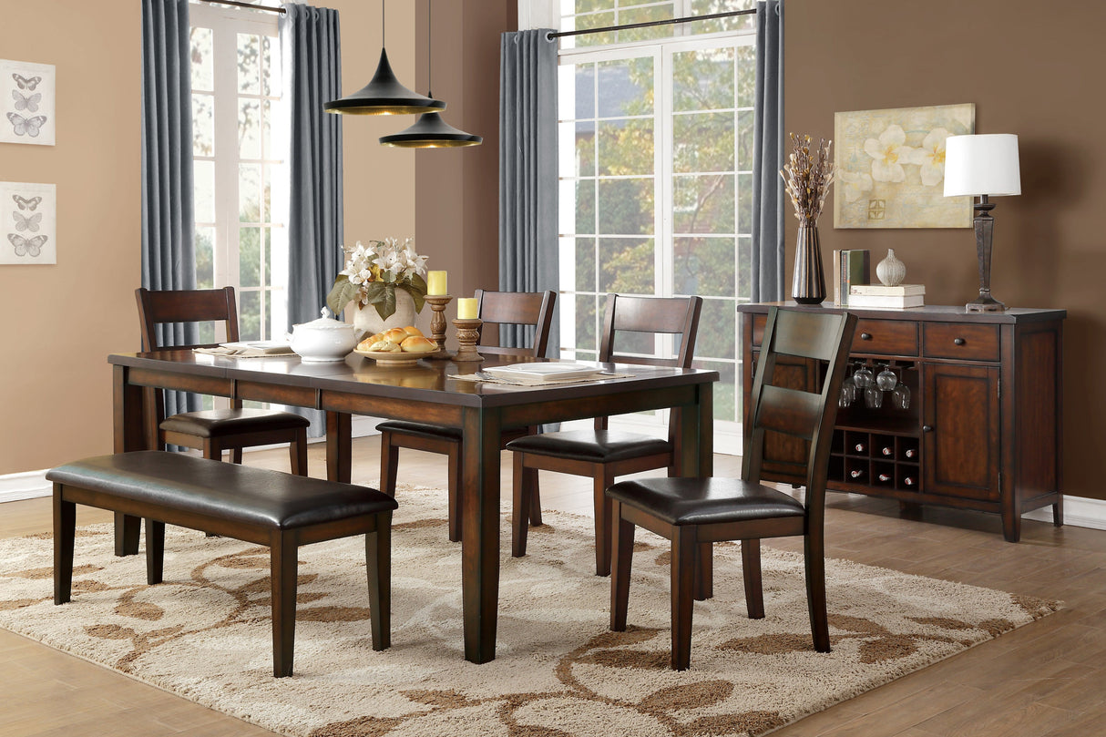 Cherry Finish Classic 6pc Dining Set Wooden Table w Draw Leaf Bench and 4 Side Chairs Faux Leather Upholstered Durable Furniture Transitional Style Ladder Back - sold by Home Elegance USA
