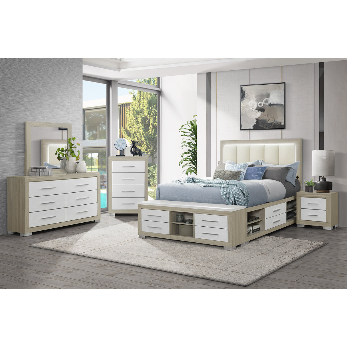 Elsa Natural and White 5PC Storage and LED Full Bedroom Set