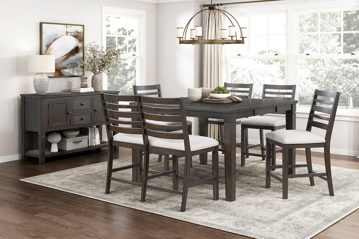 Juego de comedor clásico de 6 piezas con altura de mostrador, acabado espresso oscuro, mesa extensible, banco y sillas, asiento tapizado, muebles de comedor de madera.