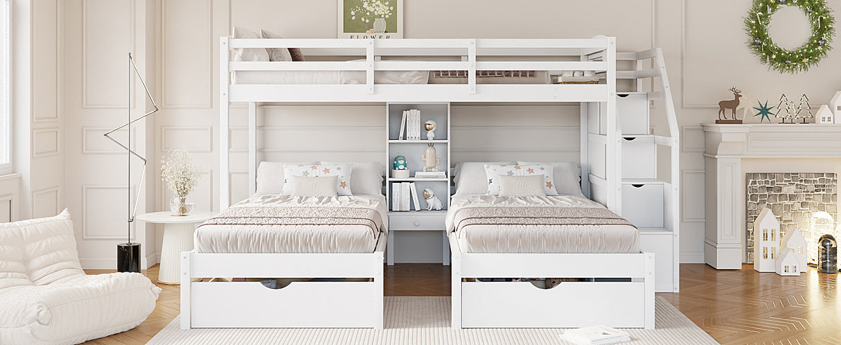 Twin over Twin&Twin Bunk Bed, Triple Bunk Bed with Drawers, Staircase with Storage, Built-in Shelves, White - sold by Home Elegance USA