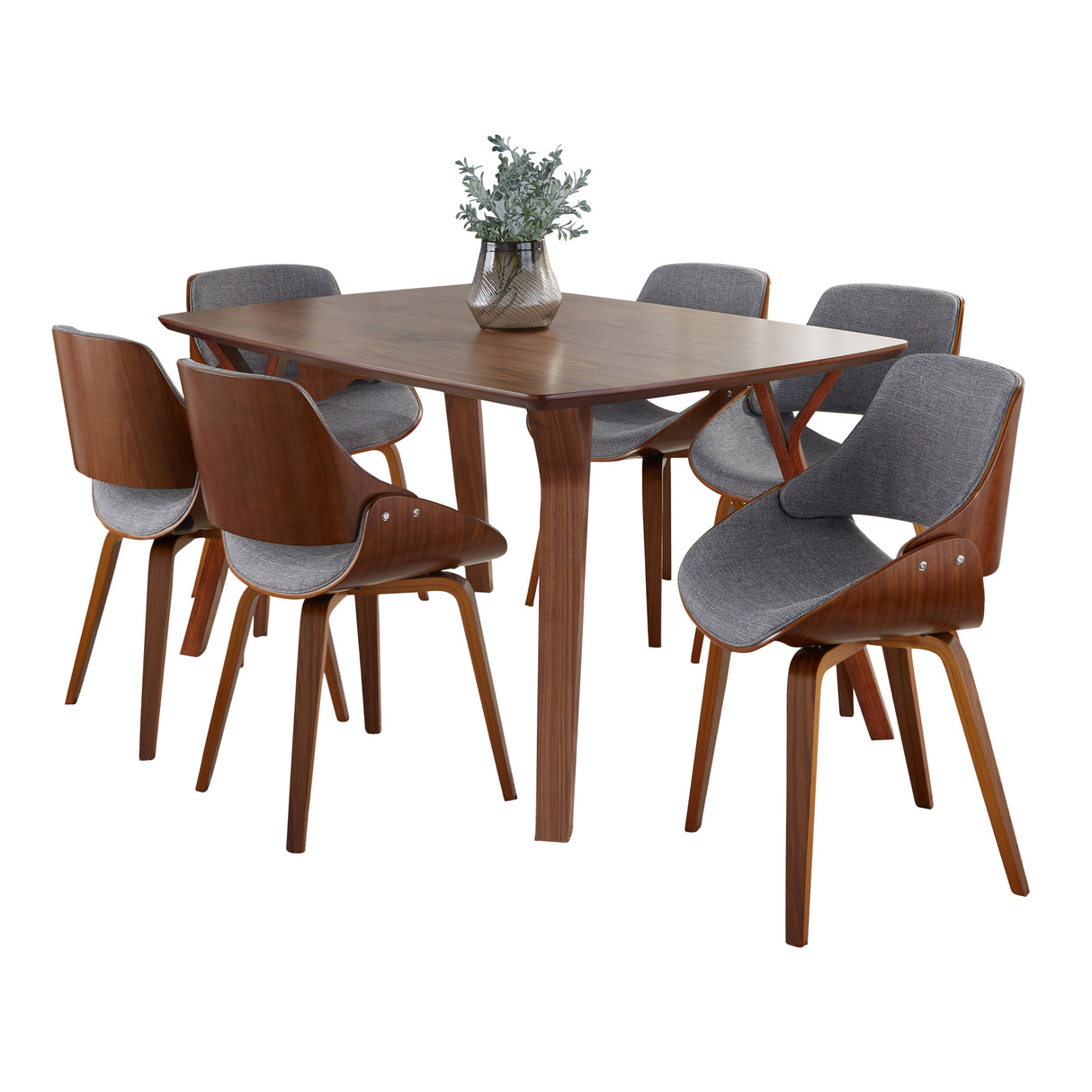 Folia Fabrizzi Mid-Century Modern Dining Set in Walnut Wood and Grey Fabric by LumiSource - 7 Piece