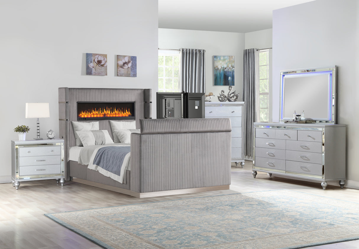 Lavish Modern Style 5 Pc Queen Bedroom Set Made with Fireplace in Headboard & TV stand in Footboard with Wood in Grey(CA INVENTORY)