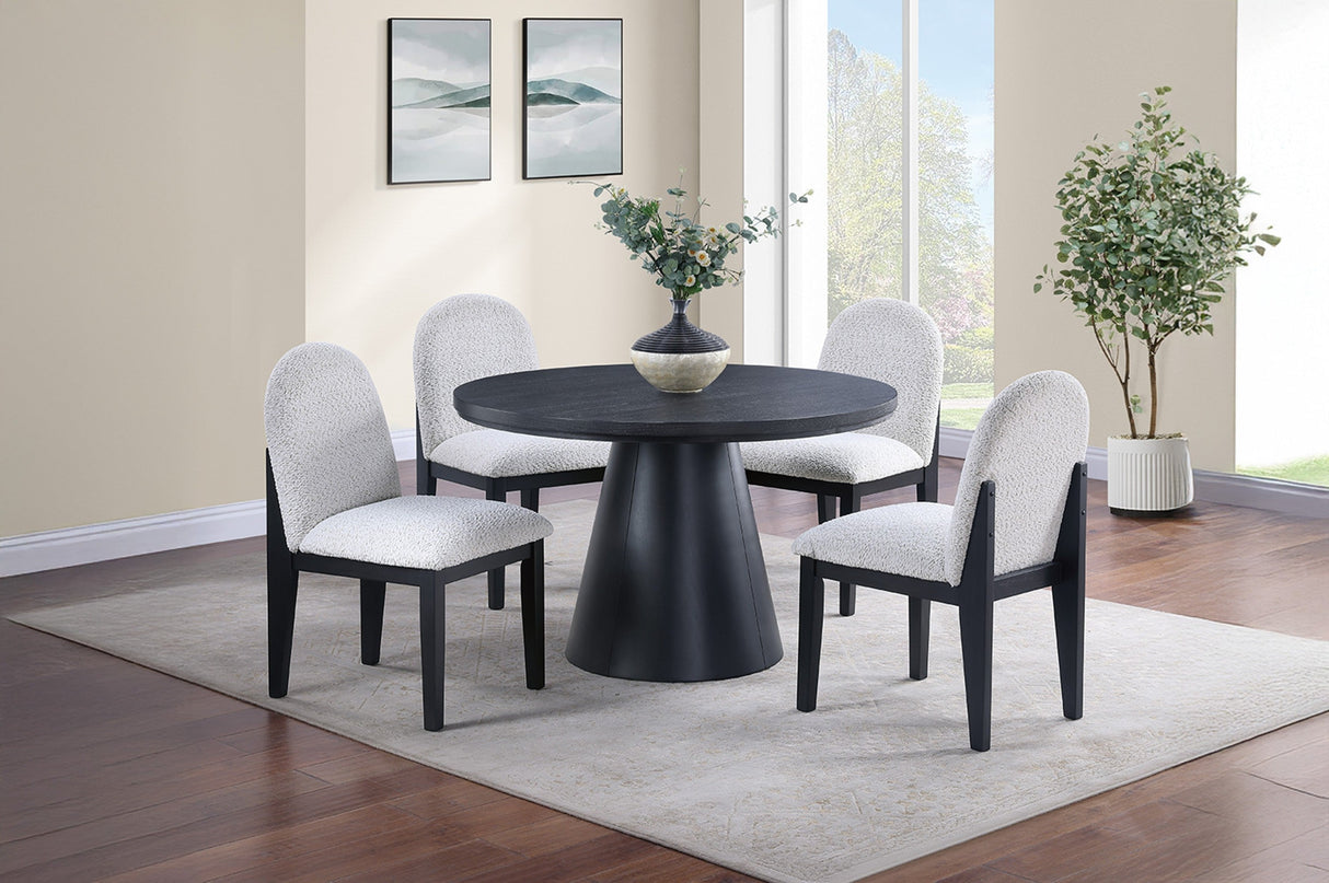 Dining Table 4x Side Chairs White Finish Fabric Black Round Table w Cone Base 5pc Dining Set Plush Seat - sold by Home Elegance USA