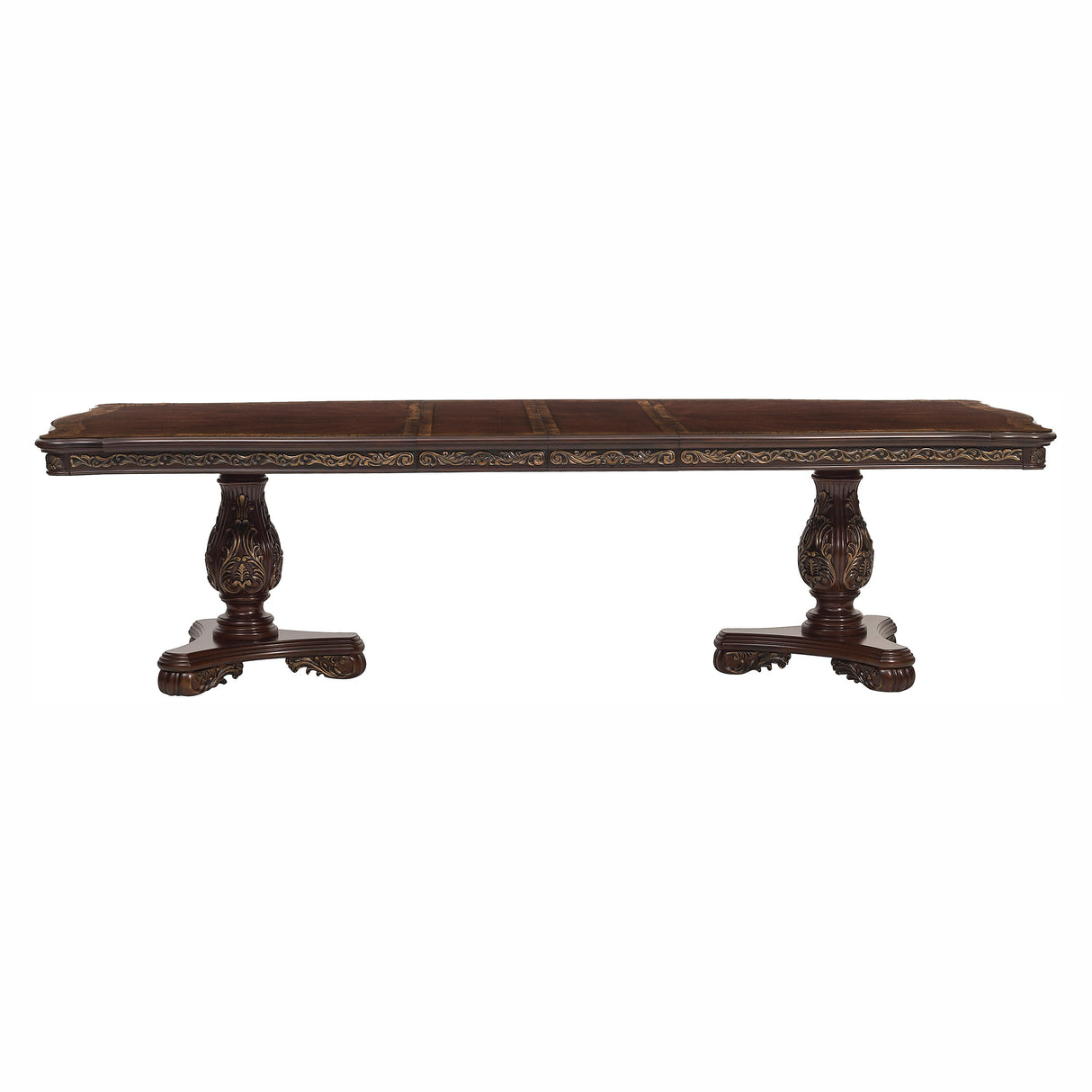 Decorative wooden table with intricate carvings on a white background