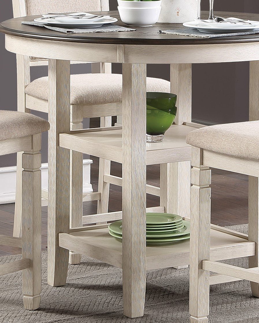 Antique White and Brown Finish 5pc Counter Height Dining Set Table w Built - in Shelves and 4x Counter Height Chairs Wooden Dining Room Furniture | Home Elegance USA