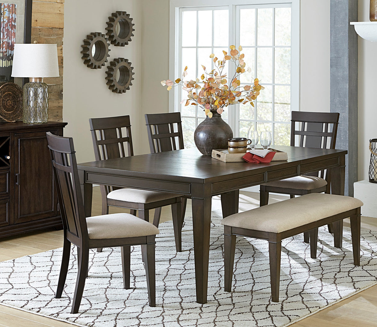 Dark Brown Finish 6pc Dining Set Expandable Table with Bench and 4x Side Chairs Beige Fabric Upholstered Seat Classic Look Dining Wooden Furniture