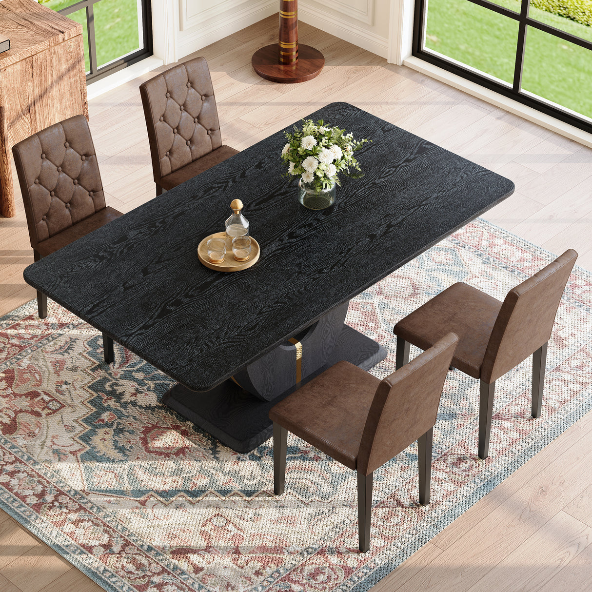 Black Wood Grain Dining Table Set for 4 people, 63' Modern MDF Dining Room Table Set .Paired with 4 Brown Suede Fabric chairs with decorative buckle design on the backrest.For Dining Room,Kitchen,etc.