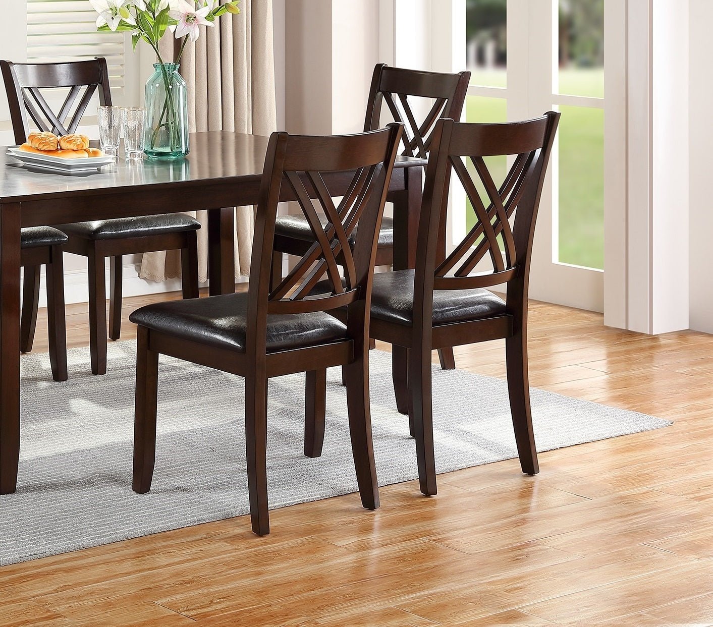 7pcs Dining Set Dining Table 6 Side Chairs Clean Espresso Finish Cushion Seats X Design back Chairs | Home Elegance USA