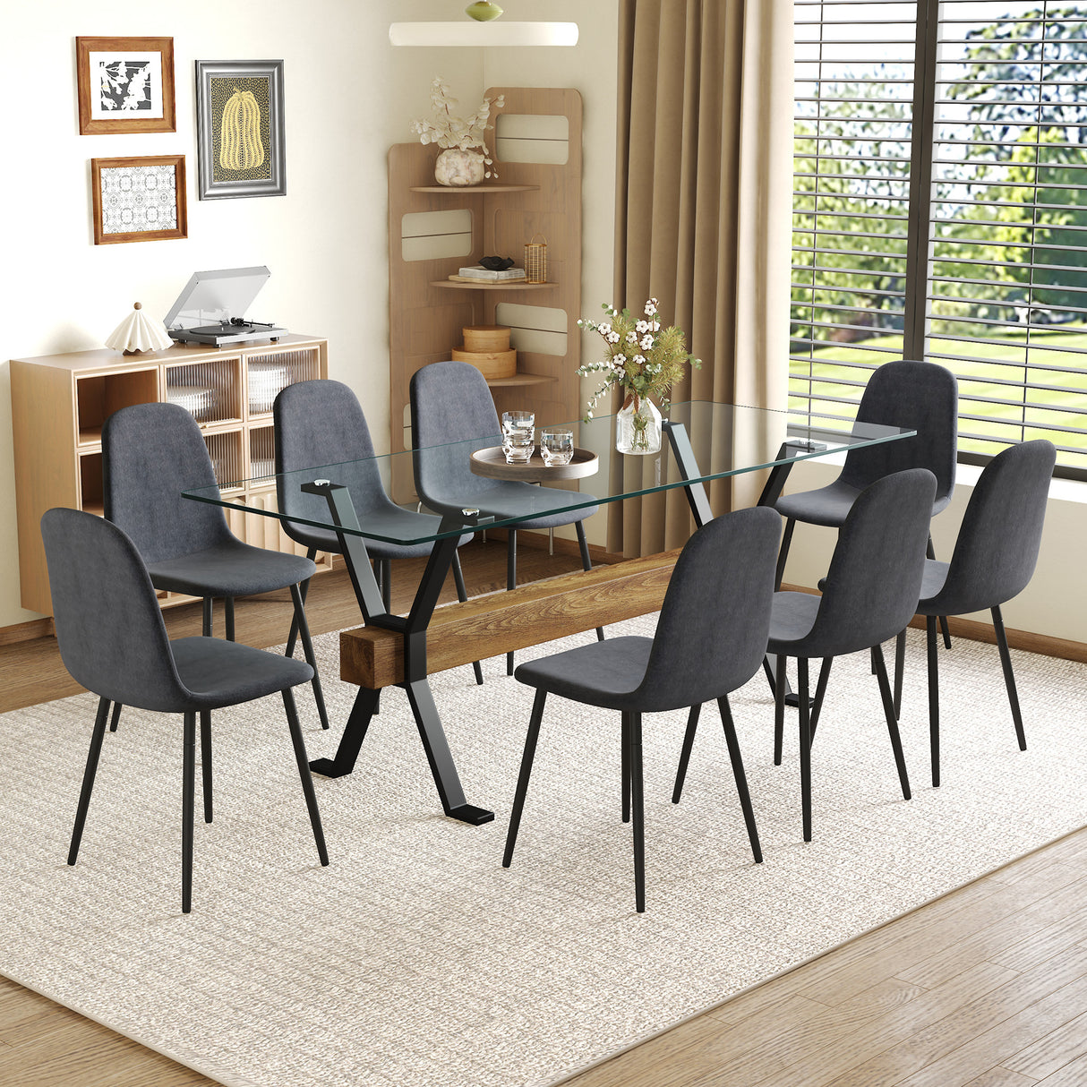 Table and chair set.79'x31.5' with X-shaped Black Metal Table Legs,Wood Grain Textured MDF Crossbeam.Paired With 8 Chairs Made Of Dark Gray Lnen Fabric.Iron pipe spraying Legs.