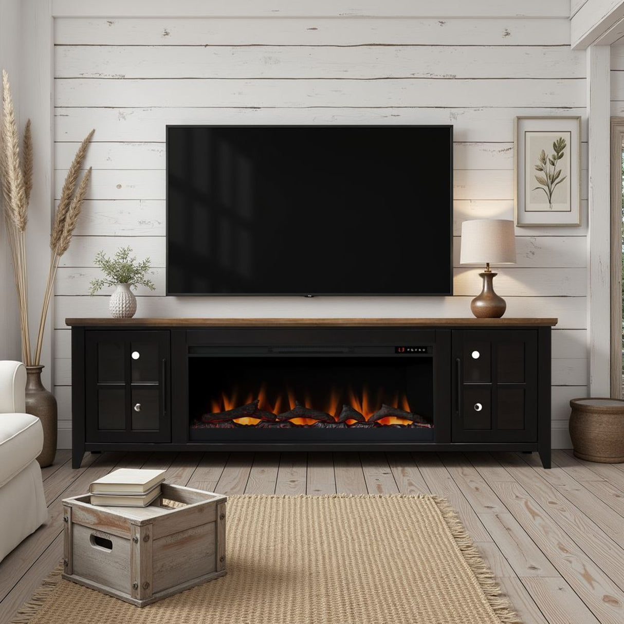 Providence 83 inch Fireplace TV Stand, For TVs up to 95 inches, Minimal Assembly Required, Black and Bourbon Finish