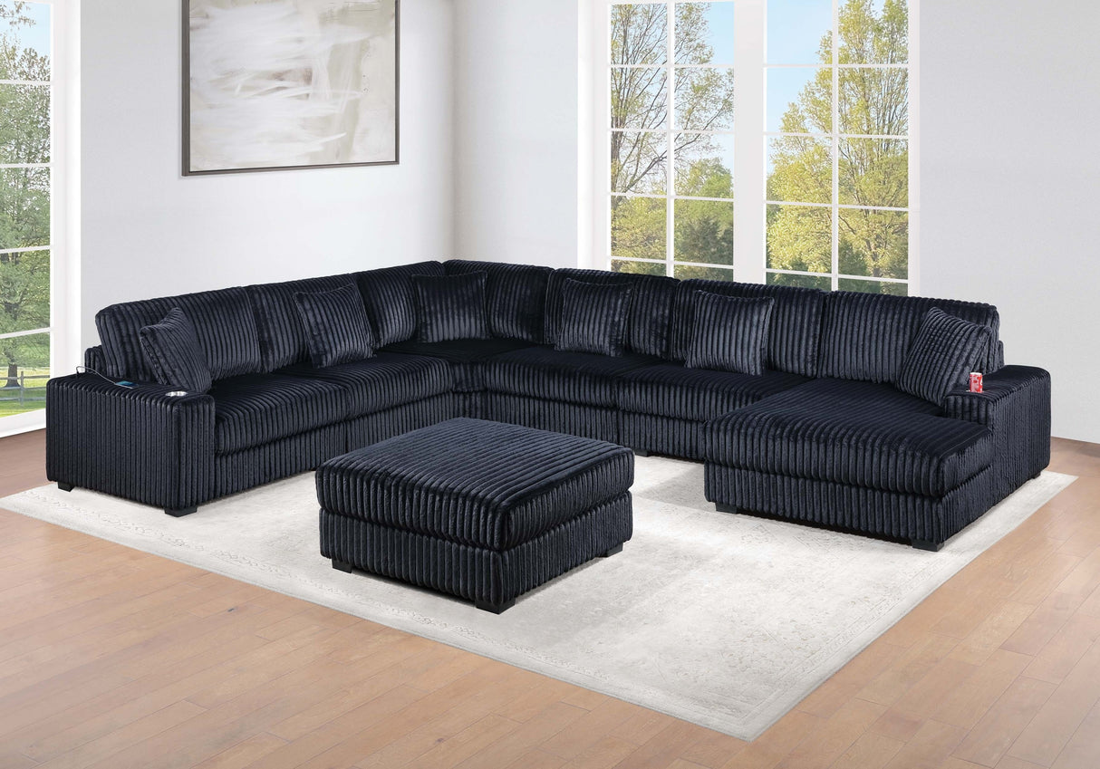 Contemporary Modern 7-PC Modular U-Sectional Sofa Set USB Cup Holder Black Finish Corduroy Living Room Furniture Couch