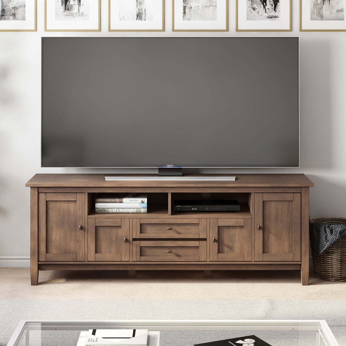 Warm Shaker 72 inch Wide Solid Wood TV Stand in Rustic Natural Aged Brown For TVs up to 80 inches - sold by Home Elegance USA