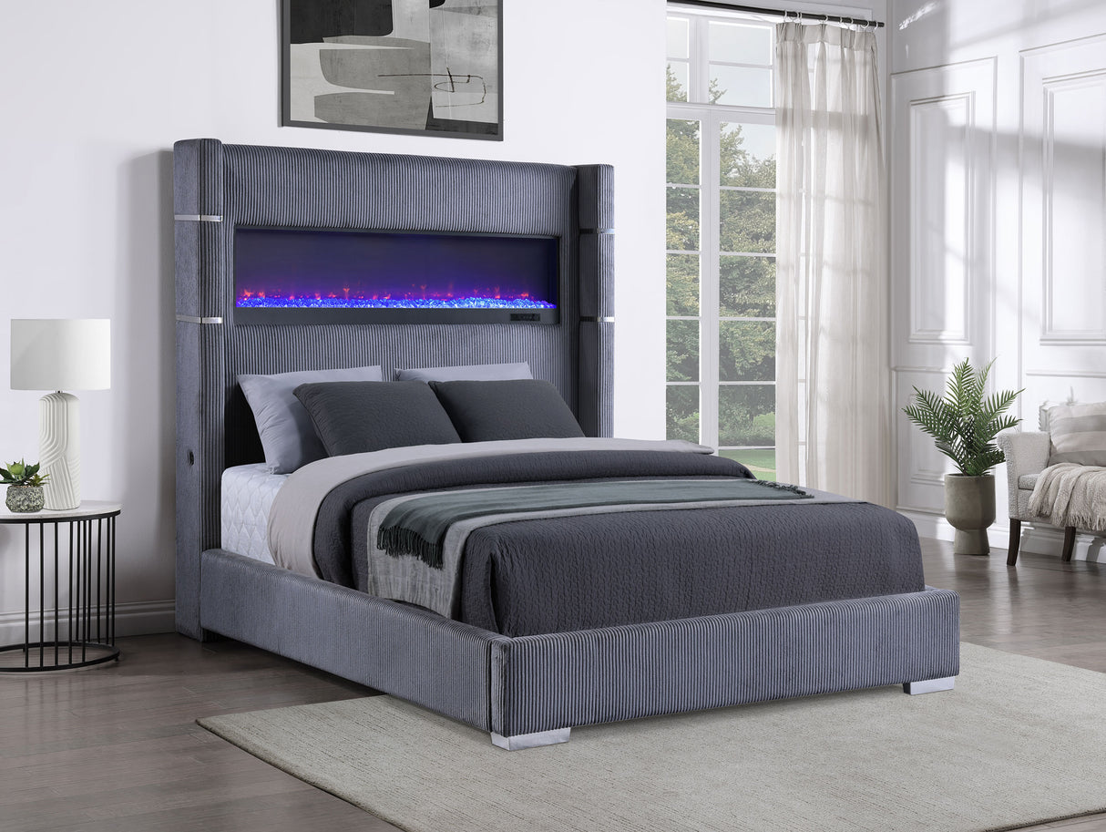 Tisdall 67-inch Upholstered Queen Fireplace Bed Grey - Home Elegance USA
